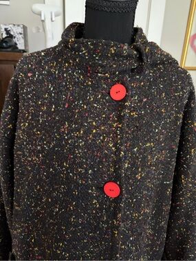 Women’s Black Tweed Button-Front Coat with Red Accents